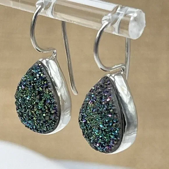 Green Drusy Sterling Silver Earrings Pear Shaped Drop Peacock Himalayan Gems - Picture 3 of 6